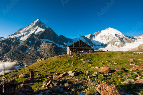 Photo: Panorama with Schoebiel SAC mountain hut and matterhorn Panorama with Schoebiel SAC mountain hut and matterhorn