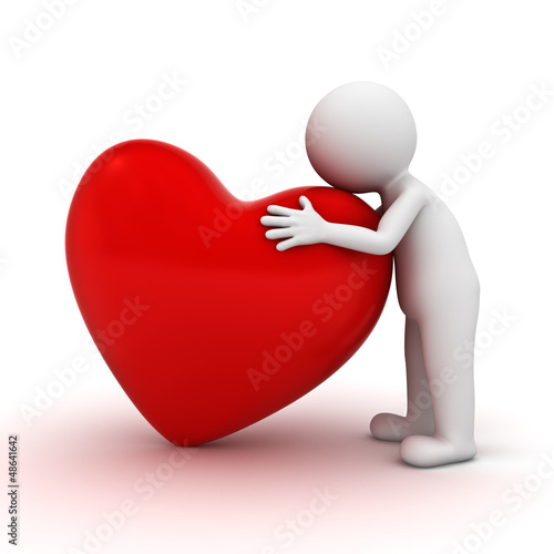 Illustration: 3d man hugging red heart over white background 3d man hugging red heart over white background