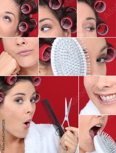 Photo: Montage of brunette styling her hair Montage of brunette styling her hair