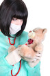 nurse examining a teddy bear with a stethoscope