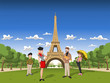 Fashion french cartoon family in Paris, with the Eiffel Tower