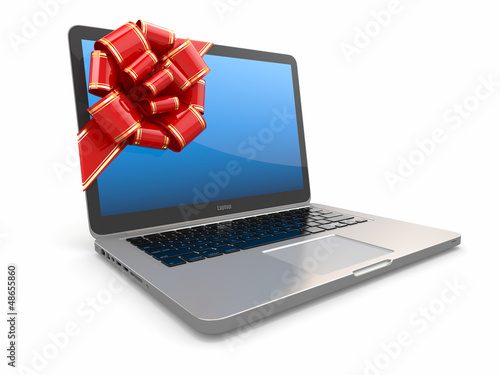 Illustration: Laptop gift. Bow and ribbon on screen Laptop gift. Bow and ribbon on screen