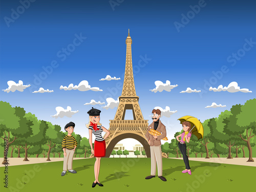 Vector: Fashion french cartoon family in Paris, with the Eiffel Tower Fashion french cartoon family in Paris, with the Eiffel Tower