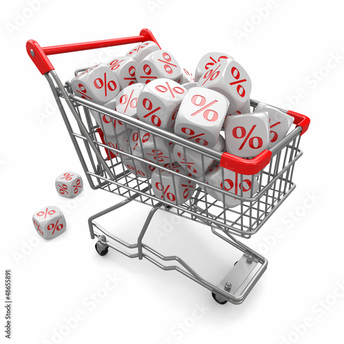 Illustration: Discounts. Shopping cart and cubes with percent Discounts. Shopping cart and cubes with percent