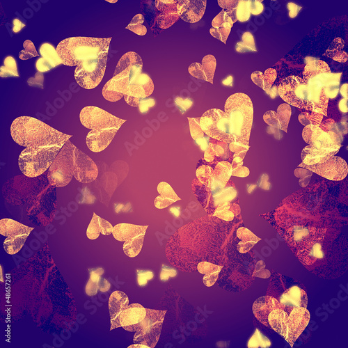 Illustration: golden hearts over violet background golden hearts over violet background