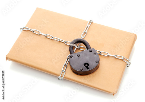 Photo: parcel with chain and padlock, isolated on white parcel with chain and padlock, isolated on white