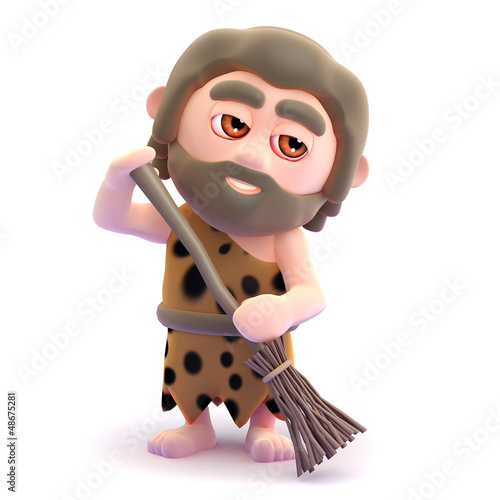 Illustration: Caveman cleans up his cave for the guests Caveman cleans up his cave for the guests