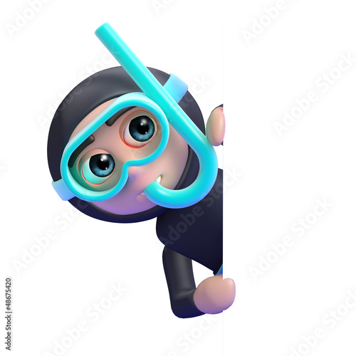 Illustration: Scuba diver leans out from blank space Scuba diver leans out from blank space