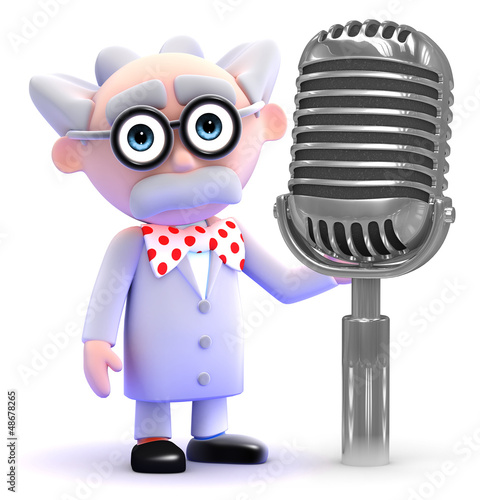 Illustration: Scientist records a podcast through his microphone Scientist records a podcast through his microphone