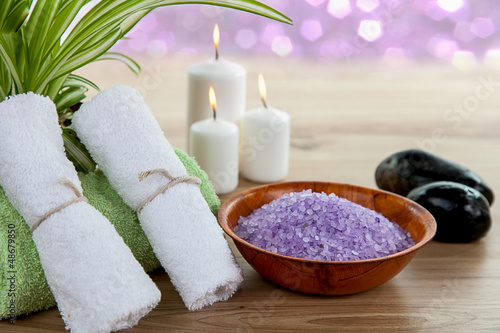 Photo: SPA with aromatic burning candles, towel and lavender bath salt SPA with aromatic burning candles, towel and lavender bath salt