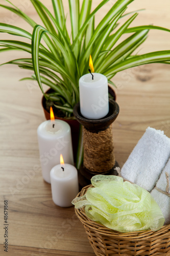 Photo: SPA with aromatic burning candles, towel and lavender bath salt SPA with aromatic burning candles, towel and lavender bath salt