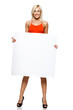 Photo: Smiling woman in full length holding empty banner Smiling woman in full length holding empty banner