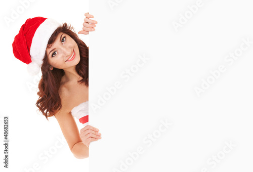 Photo: Santa woman with white blank board Santa woman with white blank board