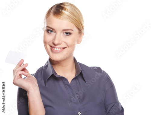 Photo: Woman showing business card Woman showing business card
