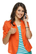 Woman talking on cellphone showing thumb up sign