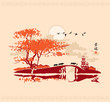 Chinese landscape with pagoda and bridge