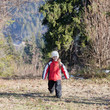 Little girl walking in autumn forest
