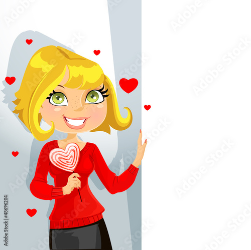 Vector: Cute blond girl with sweet candy-heart Cute blond girl with sweet candy-heart