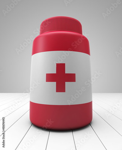 Illustration: Red medicine bottle with red cross Red medicine bottle with red cross