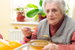 Happy old gray-haired woman eating soup