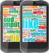 mobile smartphone with globe textured like words. business