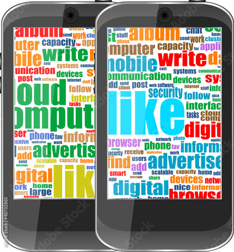 Illustration: mobile smartphone with globe textured like words. business mobile smartphone with globe textured like words. business