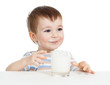 little child drinking yogurt or kefir over white