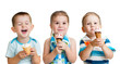 happy children boy and girls eating ice cream in studio isolated