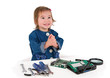 One small little girl fixing router or modem or PCB.