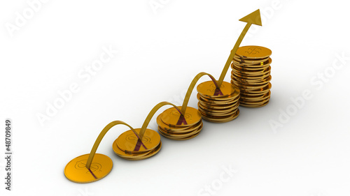 Illustration: 3d diagram of golden coins with arrow 3d diagram of golden coins with arrow