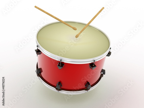 Illustration: Drum and drumsticks on white isolated background. 3d Drum and drumsticks on white isolated background. 3d