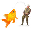 The Fisherman with big a Goldfish. Success concept.