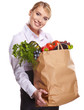 Foto: Portrait of happy business woman holding a shopping bag full of Portrait of happy business woman holding a shopping bag full of