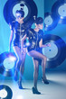Disco african women dancing with vinyl records around and neon l