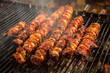 Photo: Steak and other meat on barbeque. Background. Smoke. Meals, Clos Steak and other meat on barbeque. Background. Smoke. Meals, Clos