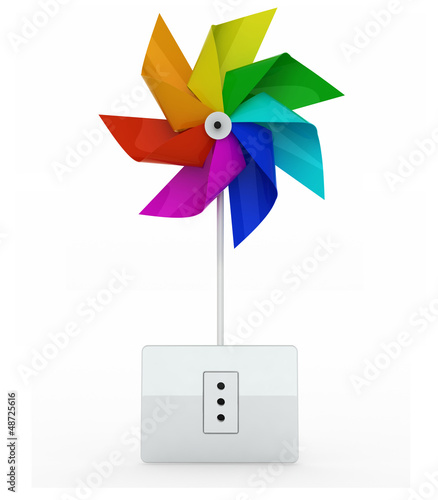 Illustration: multicolor pinwheel over energy plug multicolor pinwheel over energy plug