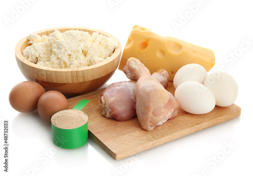 Photo: spoon of protein powder and food with protein, isolated on spoon of protein powder and food with protein, isolated on