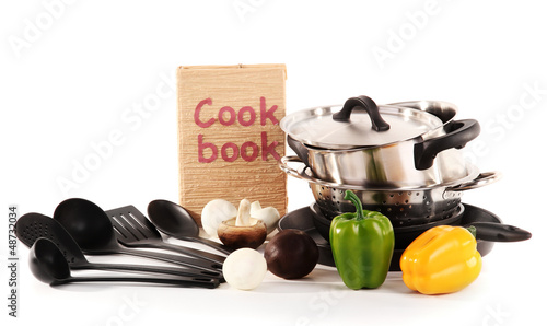 Photo: composition of kitchen tools and vegetables isolated on white composition of kitchen tools and vegetables isolated on white