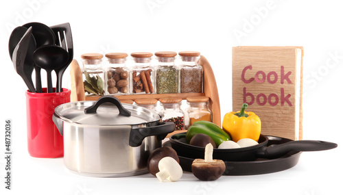Photo: composition of kitchen tools,spices and vegetables isolated composition of kitchen tools,spices and vegetables isolated