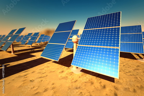 Illustration: Sunny solar panels in a solar power station Sunny solar panels in a solar power station
