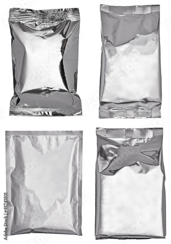 Photo: white silver aluminum paper bag package food template white silver aluminum paper bag package food template