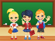 Vector smiling schoolchildren near blackboard