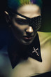 mysterious woman in black collar and eye-patch