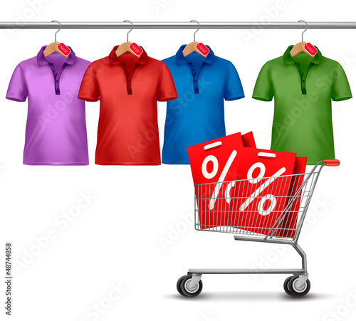 Vector: Shirts hanging on a bar and a shopping cart. Concept of discount Shirts hanging on a bar and a shopping cart. Concept of discount