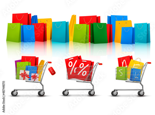Vector: Background with shopping color bags and shopping carts with sale Background with shopping color bags and shopping carts with sale