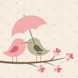 Birds under umbrella. Romantic card
