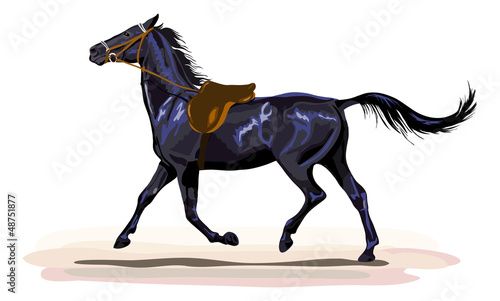 Vector: black horse trotting with saddle black horse trotting with saddle