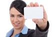 Photo: Businesswoman showing a blank business card Businesswoman showing a blank business card