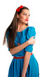 Cute young woman in blue dress on white background