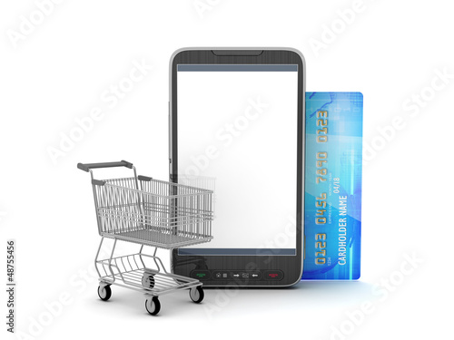 Illustration: Mobile phone, shopping cart and credit card Mobile phone, shopping cart and credit card